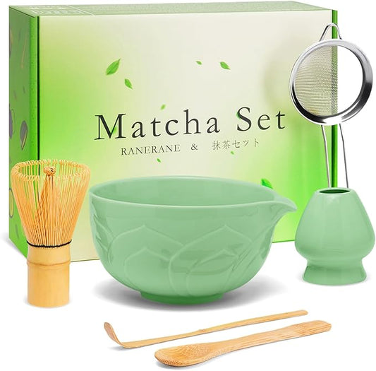 Matcha Whisk Set, Lotus Cyan Ceramic Matcha Set Includes Matcha Bowl, Matcha Whisk (Chasen) and Holder, Sifter, Bamboo Scoop & Spoon - 6 Pcs Matcha Kit for Matcha Lovers