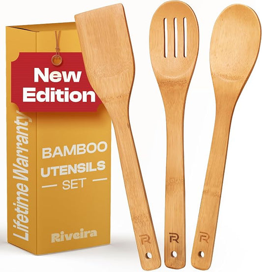 Riveira Bamboo Wooden Spoons for Cooking 3-Piece, Apartment Essentials Wood Spatula Spoon Nonstick Kitchen Utensil Set Premium Quality Housewarming Gifts for Everyday Use by Riveira
