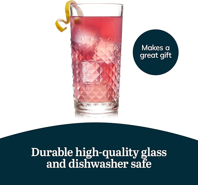 Libbey Carat Tumbler Glasses Set of 4, Faceted 14 oz Drinkware Glasses Set, Dishwasher Safe Tall Drinking Glasses for Cocktails, Soda, and More - Image 5