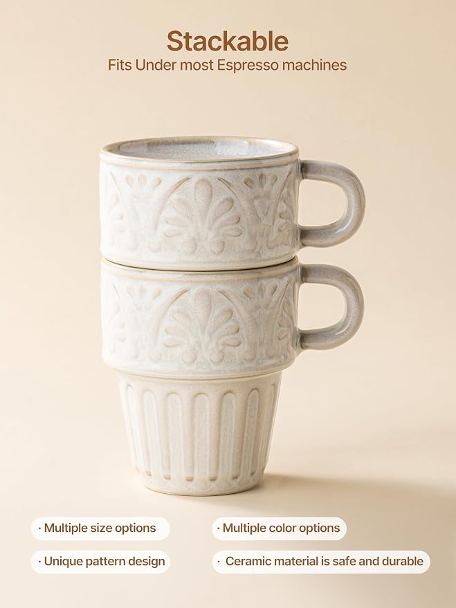 LYEOBOH Cappuccino Cups, Espresso Cups, Coffee Mugs Set of 6, Ceramic Cup, 6 OZ Beige Stackable Mug Set of 6, Easy To Clean Comfortable Handle for All Ages, Great for Party Dinner & Festival Gifts - Image 5