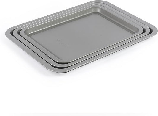Salter Essentials Baking Tray Set, 3 Pack 31/35/39 Cm | Carbon Steel, Non-Stick Coating, PFOA-Free, Dishwasher Safe, Stackable Design, Made In The UK, For Pastry And Cookies by Salter