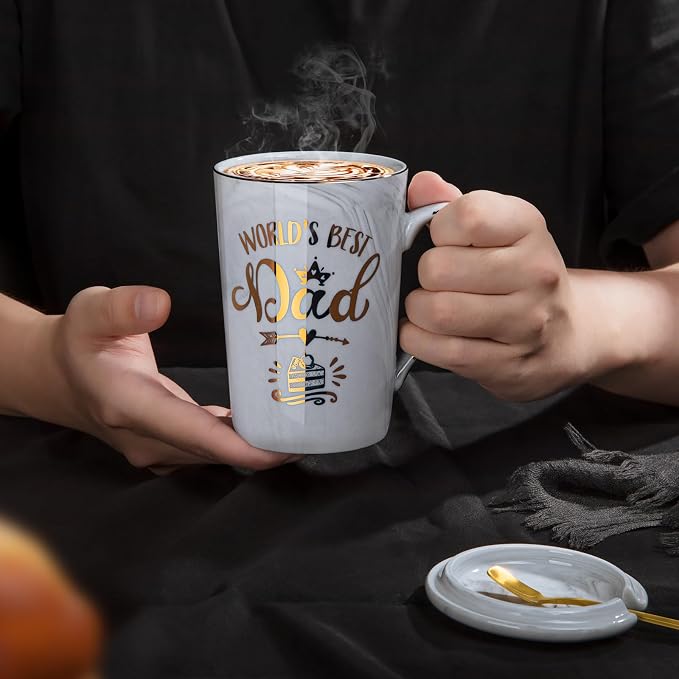 Birthday Gifts Presents for Dad from Daughter Son - World's Best Dad Mug | Funny 14oz Grey Marble Ceramic Coffee Cup with Gold Print, Lid, Spoon, Greeting Card, Nice Gift Box, Fathers Day Daddy Gift - Image 4
