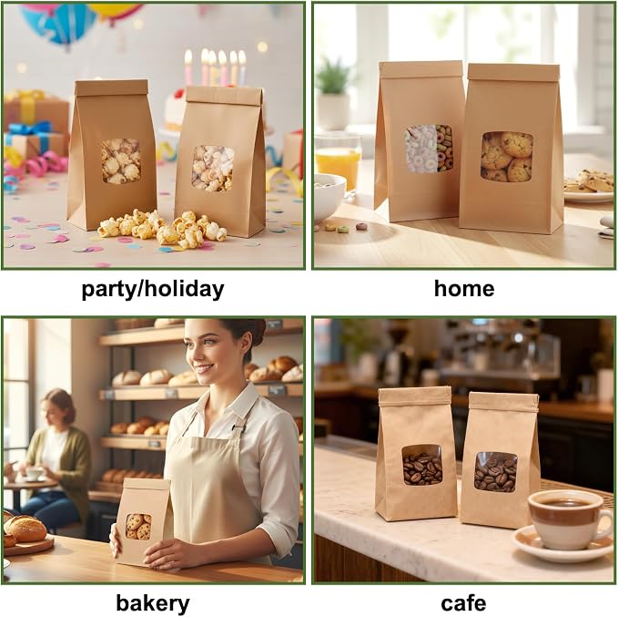 Moretoes 55pcs Small Bakery Cookie Bags with Seal, 3.5x2.3x6.7In | Brown Kraft Paper Treat Bags with Window Seal by Tin Tie Tab for Cookie Coffee Bread Pastry Treat Bakery Gift Giving Packing - Image 7