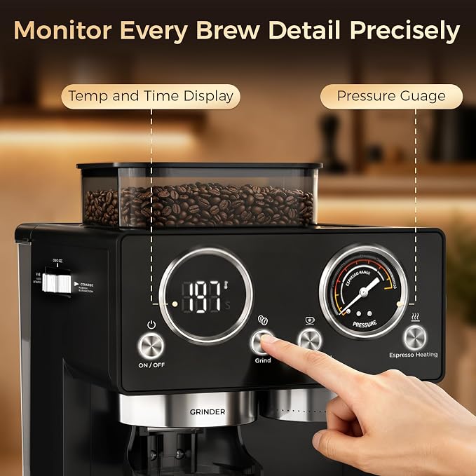 CHULUX Nero 20Bar Espresso Machine with Conical Burr Grinder for Cappuccino | Hot and Iced Espresso, 4-in-1 Brewing Function, Real-Time Pressure and Temp, Steam Wand for Microfoam, Home Barista Brewing - Image 4