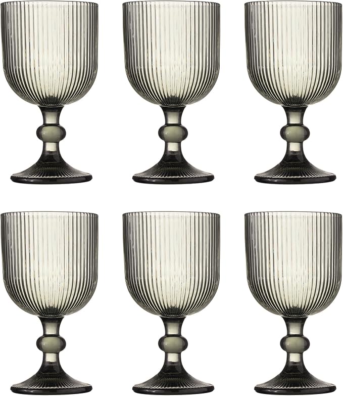 Vintage Wine Glasses Set of 6, 11 Ounces Colored Glass Water Goblets, Unique Embossed Pattern High Clear Stemmed Glassware Wedding Party Bar Glass Drinking Cups Fancy Glasses Vertical Line Grey - Image 6