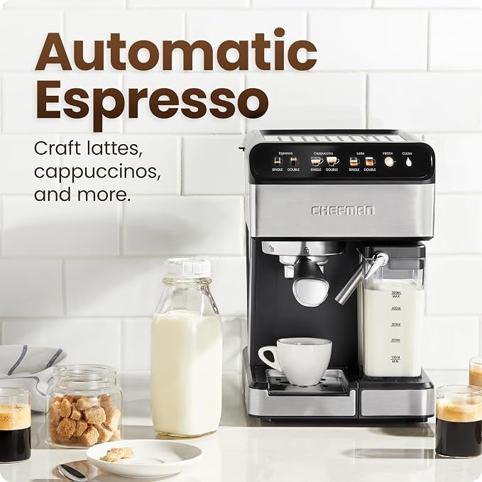 Chefman CaféMaster Pro Espresso Machine, Brew Single or Double Shots, Coffee Maker with Built-In Milk Frother for Cappuccino & Latte, XL 1.8 Liter Removable Water Reservoir - Stainless Steel - Image 2