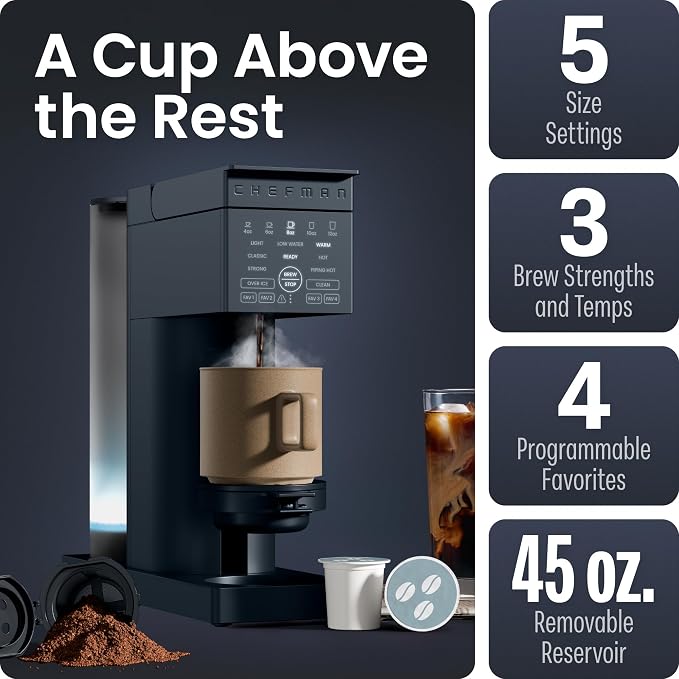 Chefman Caffeinator Single Serve Coffee Maker, Brew Kcups & Grounds, Drip Coffee Machine with Brew Strength Settings, Iced Coffee Function, 45 oz. Removable Water Reservoir - Image 3