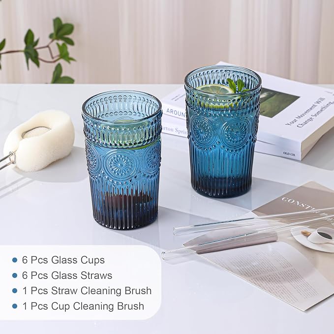 ZMOWIPDL Drinking Glasses Set of 6,13oz Flower Design Blue Glass Cups | Vintage Glassware,Textured Tumblers,Embossed Striped Drinkware for Water,Cocktails,Juice,Iced Coffee - Image 5