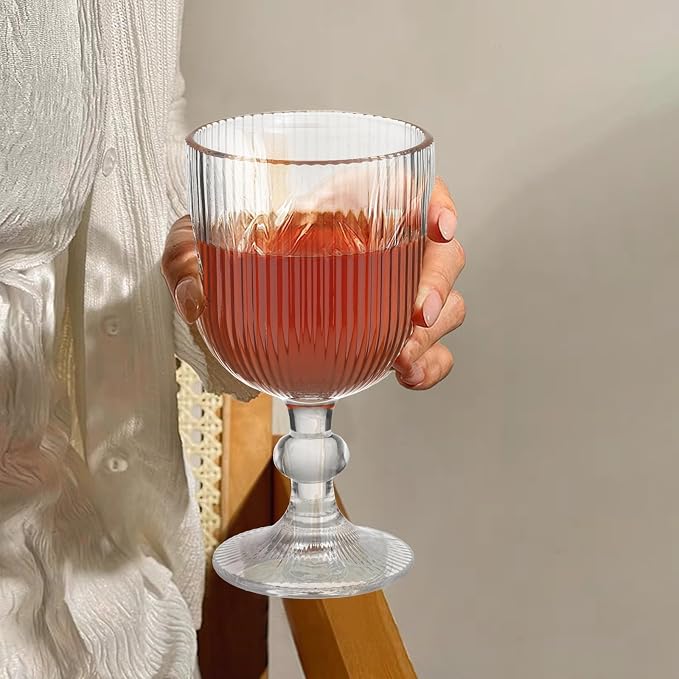 Vintage Wine Glasses Set of 6, 11 Ounces Colored Glass Water Goblets, Unique Embossed Pattern High Clear Stemmed Glassware Wedding Party Bar Glass Drinking Cups Fancy Glasses Vertical Line Clear - Image 7