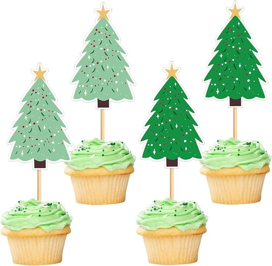 24PCS Christmas Tree Cupcake Toppers Picks Xmas Holiday Cupcake Picks Merry Christmas Theme Holiday Boy Girl Birthday Baby Shower Party Supplies Green by Cyodoos