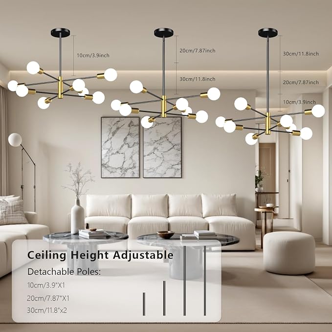 Modern Sputnik Chandelier, Ceiling Light Fixture Flush Mount 8-Light Black and Gold Chandeliers for Living Room Bedroom Dining Room Kitchen, Mid Century Chandeliers, E26 Base,(Bulbs Not Included) - Image 2