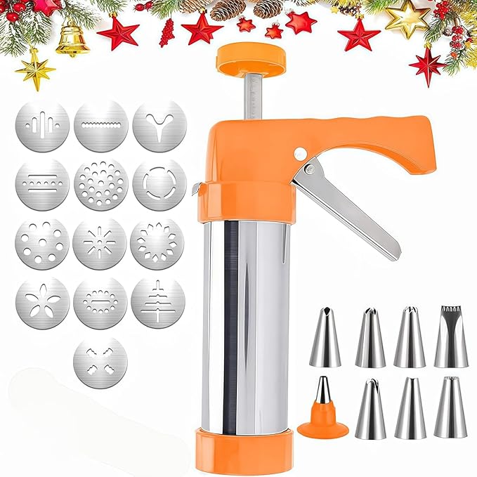 Spritz Cookie Press Gun Kit,13 Cookie Discs+8 Icing Nozzles Perfect for DIY Christmas Cookies and Decorating Cookies,Gifts for Wome(Comes with Cleaning Brush)(yellow)