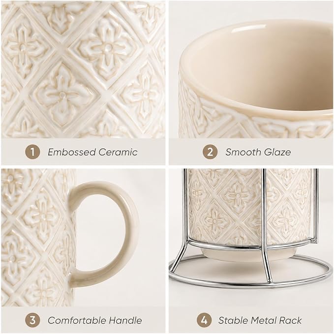 6 Oz Coffee Cups with Stand, Stackable Espresso Cups Set of 4, Ceramic Cappuccino Cup, Embossed Coffee Mugs for Latte, Cocoa, Mocha, Tea, Housewarming Wedding Present, Dishwasher Safe - Image 3