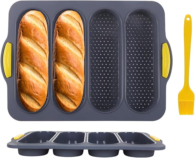 Silicone Bread Loaf Pan, Nonstick Sourdough Loaf Pan & Heat Resistant Baguette Bread Pan, Silicone Molds for Baking Hoagie Rolls, Hot Dog Bun (Grey-Hot Dog)