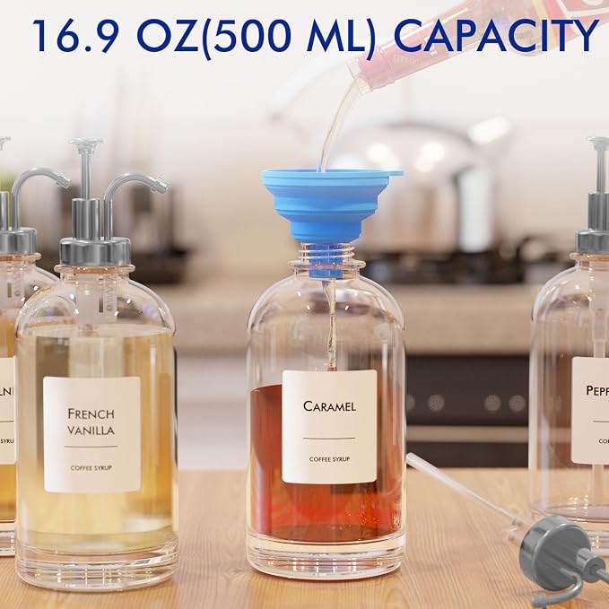 16.9 oz/500 ml Coffee Syrup Dispenser Set - 2 Glass Bottles with Silver Pumper and Syrup Labels - Precise Dispensing and Stylish Addition to Coffee Shop, Cafe or Home Bar - Image 2