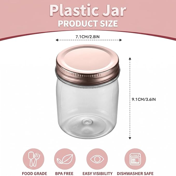 novelinks 8 oz Plastic Mason Jars and Clear Plastic Jars with Lids 8 oz | 16 Pack, Rose Gold, Plastic Containers with Lids, Small Mason Jars, Clear Jars Bulk, Spice Jars, Slime Jars, Mini Jars - Image 2