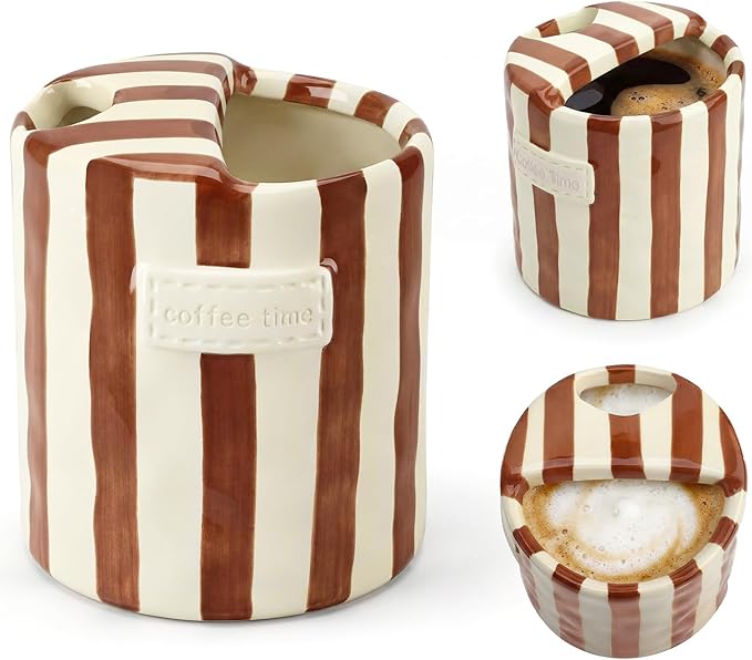 10oz Ceramic Coffee Mug with Sip Hole, Striped Espresso Cups for Hot & Cold Drinks and Microwave & Dishwasher & Freezer Safe, Ideal for Home Desk Kitchen Office Dorm Cafe Travel Daily - Brown by Nisuez