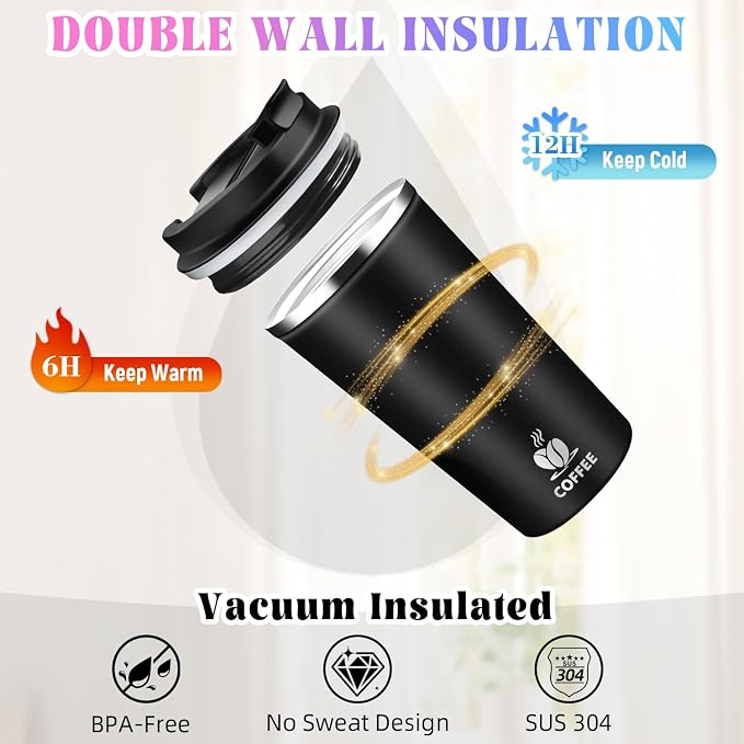 17oz Insulated Travel Coffee Mug with Flip Lid ¨C Leakproof Stainless Steel Insulated Coffee Tumblers, Reusable Coffee Cup for Hot & Cold Drinks, Perfect for Camping & On-the-Go - Image 5