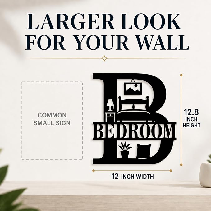 Bedroom Metal Wall Decor, Modern Farmhouse Room Sign, 14 Inch | 14-inch matte black metal BEDROOM sign with pre-drilled holes for bedrooms, guest rooms, dorms, and modern farmhouse decor. - Image 4