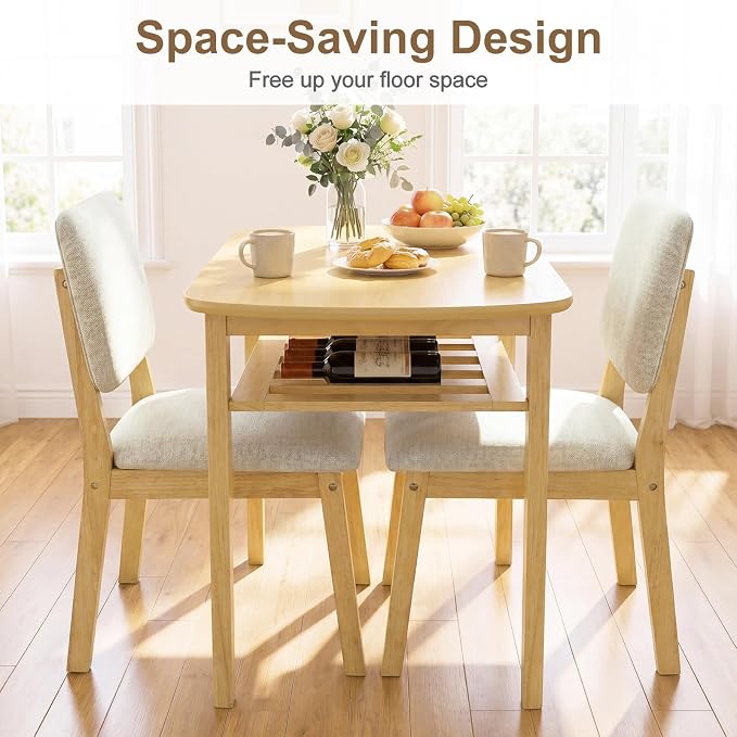 Giantex Dining Table Set for 2, Space Saving Kitchen Table and Chairs Set w/Rubber Wood Frame, Storage Rack, Padded Seats & Backrests, Dinette Set for Small Space, Apartment, Dining Room, Natural - Image 7