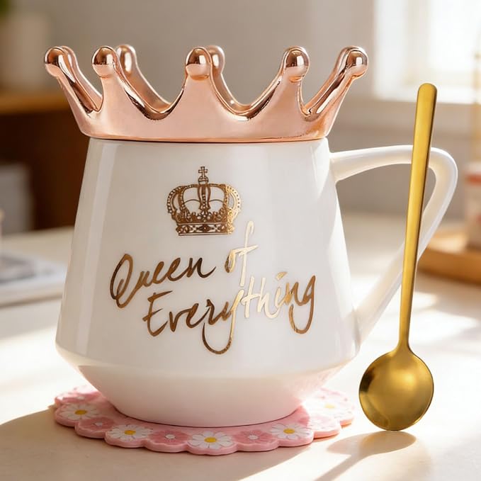 Arawat Queen of Everything Mug with Lid Sweet White Mug with Crown Coffee Mugs Gift with Spoon & Coaster 12 oz Ceramic Cup Birthday Gift for Women Mom Girlfriend Valentine's Day Gifts for Women by ARAWAT