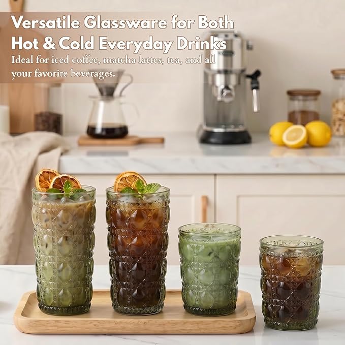 Green Drinking Glasses Set of 12, 12 Oz Highball & 10 Oz Cocktail Glasses, Green Kitchen Vintage Glassware Set, Floral Embossed Glass Tumbler Cups for Beer, Juice, Whiskey, Coffee(Gem) - Image 4