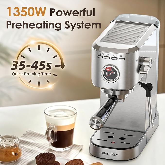Spacekey Espresso Machine with Milk Frother, 20 Bar Compact Expresso Coffee Machines for Home, Stainless Steel Espresso Maker with 39oz Removable Water Tank for Cappuccino Latte, Fast Heating, Silver - Image 3
