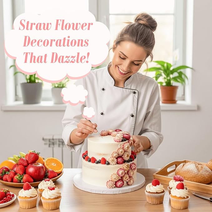 50+ Pcs Edible Pink Dried Flowers, Food Grade Helichrysum Strawflowers | Natural Edible Dried Flowers for Garnishing Cocktails, Cake Decorations, Drink Botanicals, Tea Infusions and DIY Crafts - Image 6