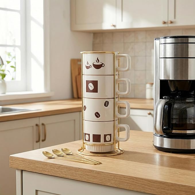 Stackable Coffee Mug Sets of 4 with Rack Tea Cup Set with Spoon 11oz for Coffee, Tea, Cocoa, Cappuccino, Hot Chocolate Ceramic Espresso Cups with Coffee Cup Holder, theme of Trendy - Image 5