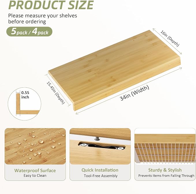 Wire Shelf Covers, Bamboo Wire Rack Covers for Pantry, Closet，Kitchen (4pcs, 34" W x 16" D, Natural) - Image 2