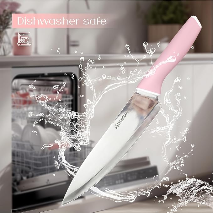 Astercook Knife Set, Kitchen Knives Set with Block and Sharpener 15 Pcs German Stainless Steel Knives Sharp Blade Dishwasher Safe Deba Knives with Ergonomic Handle, Crystal Pink - Image 9