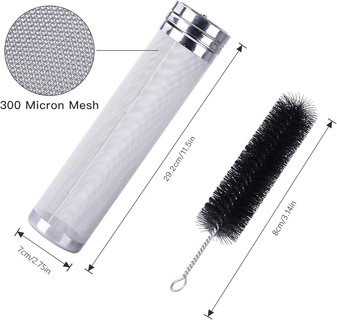 Beer Brewing Dry Hopper Filter Akamino 300 Micron Mesh Stainless Steel Hop Filter Strainer with Nylon Bristles for Home Beer Brewing Home Coffee