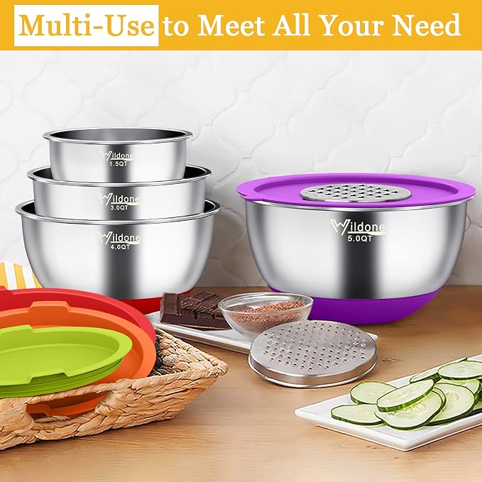 Wildone Mixing Bowls with Airtight Lids, Stainless Steel Mixing Bowls Set | Metal Bowls with 3 Grater Attachments & Non-Slip Bottom, Size 5, 4, 3, 2,1.5, 0.63QT, Includes Utensil Set for Prep, Colored - Image 5