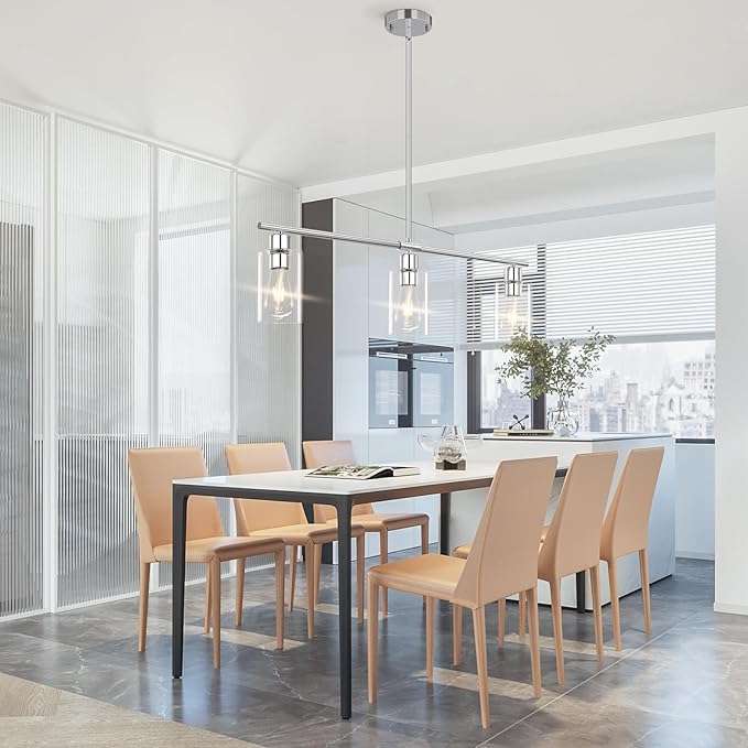 Kitchen Island Lighting, 3 Lights Linear Chandeliers Rectangle Pendant Light Fixtures for Dining Room Farmhouse Hanging Light with Glass Shades(Chrome) - Image 6
