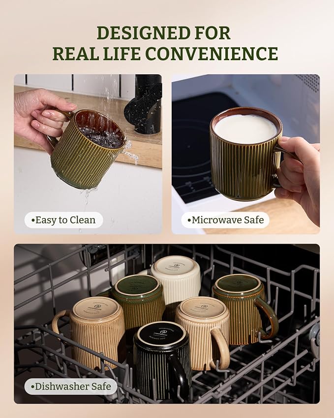 famiware Coffee Mug Set for 4, Star 12 oz Catering Mugs Cup Set with Handle for Coffee, Tea, Cocoa, Milk - Ceramic Stoneware Drinkware Set, Moss Cocoa - Image 7
