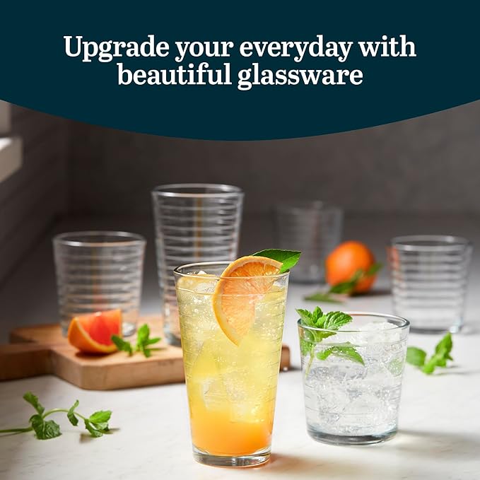 Libbey Hoops Tumbler and Rock Glass Set, Two Sized Nostalgic Retro Glass Cups Set, Dishwasher Safe Glasses Drinking Set of 16 for Any Occasion - Image 2