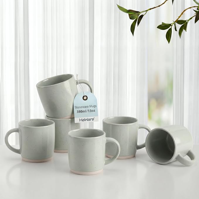 HaWare 13OZ Coffee Mugs Set of 6, Stoneware Coffee Cups, Ceramic Latte Mug for Man, Woman, Modern Tea Mugs for Latte/Cappuccino/Cocoa/Milk, Dishwasher& Microwave Safe, Speckled Asparagus Green by HaWare
