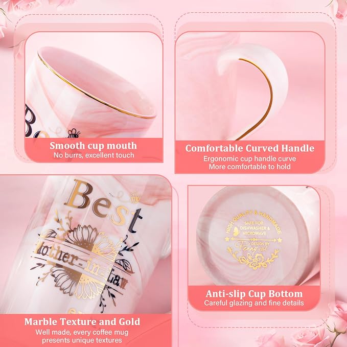 Mother in Law Birthday Gifts, Best Mother In Law Ever, 14oz Pink Marble Mug | Mom Mug with Gold Print, Mom Gifts from Daughter-In-Law or Son-In-Law, Wedding Valentine Coffee Cup Present, Nice Gift Boxed - Image 3