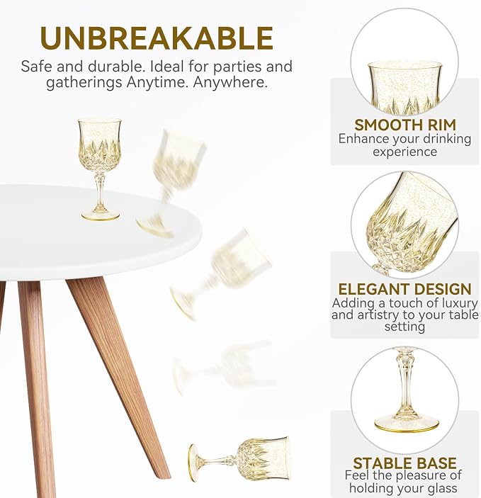 Sliner 48 Pcs 7oz Plastic Vintage Wine Glasses Drinking Goblets Unbreakable Crystal Water Glassware Reusable Diamond Champagne Flutes Cups for Wedding Banquet Birthday Party Supplies (Gold Glitter) - Image 3