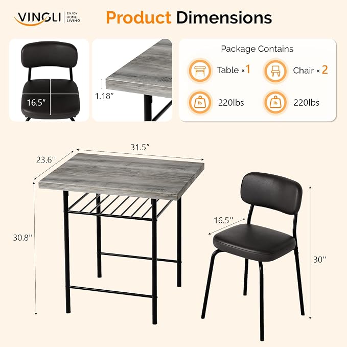 VINGLI Dining Table Set for 2, Small Kitchen Table Set with Upholstered Chairs, 3-Piece Dining Set with Storage Rack, Wood Dining Room Set with Metal Legs for Small Spaces, Living Room, Grey - Image 2
