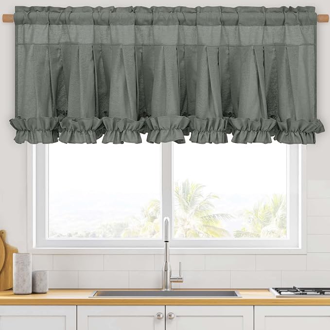 Likiyol Linen Valances for Windows Farmhouse Window Valances with Ruffle Rustic Country Light Filtering Kitchen Valance Curtains Rod Pocket Valance for Bathroom Cafe, Grey, 52" W X 18" L - Image 3
