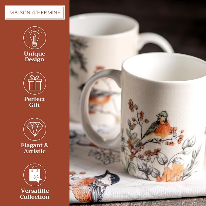 Maison d' Hermine Coffee Mug with Handles Tea Cups (15 Ounce, Pack of 2) | Fine Bone China Coffee Mugs for Hot Beverages Cappuccino Latte Home Restaurant Hotel Spring Summer -Whitish Shabby Chique - Image 2