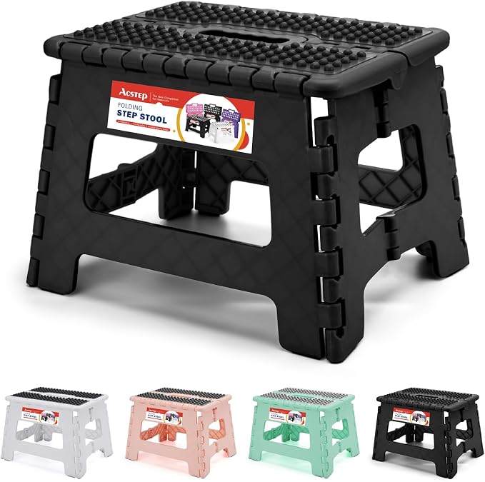 ACSTEP 9 Inch Folding Step Stool 300 LB Capacity Non Slip Foot Stool with Handle Plastic Foldable Step Stools for Kids Stepping Stool for Bathroom Black Small Step Stool (1 PC Black) | Heavy Duty Foldable Stools, Lightweight, Holds 300 lb, for Toddler ... by ACSTEP