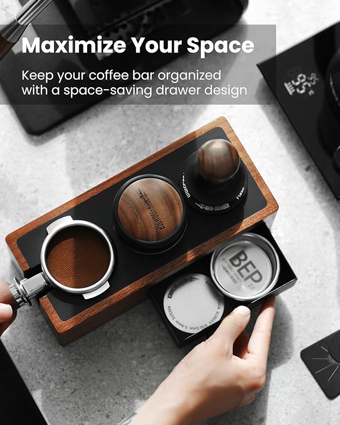 MHW-3BOMBER Espresso Tamping Station, 4 in 1 Walnut Espresso Organizer Box with Magnetic Drawer for Storage 51-58mm Espresso Tamper,Distributor,Portafilter and Espresso Accessories,CH6718