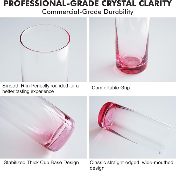 Pink Highball Glasses Set of 6,13oz Pink Drinking Glass Cups for Mixed Drink Cocktail, Beer, Mojito, Water and Juice,Thick Tall Crystal Glassware for Kitchen, Restaurant, Home Bar and Parties - Image 3