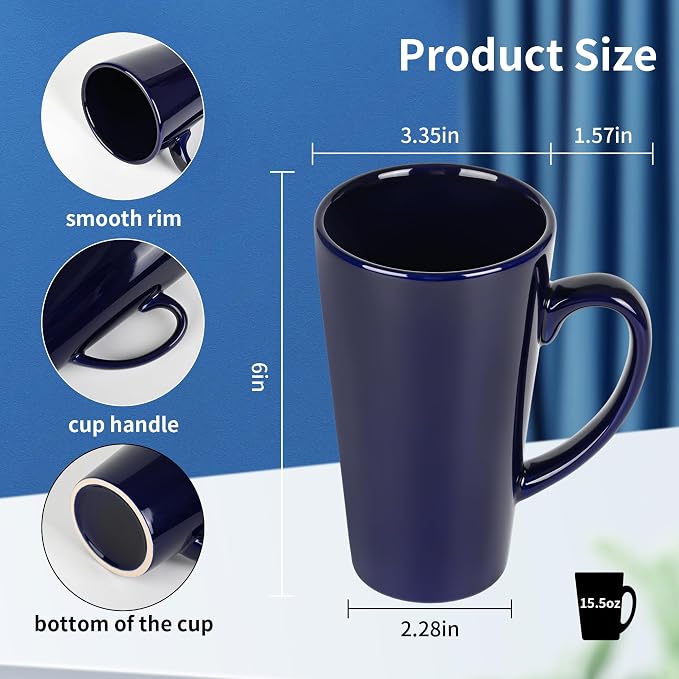 BYCNZB 16oz Funnel Ceramic Tall Coffee Mugs for Coffee, Tea, Cocoa, Latte, Milk set of 4(Cobalto) - Image 2