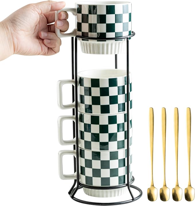 Miamolo Coffee Mugs with Stand and Spoons, Stacking Space-saving | 11oz, Set of 4 | Checkered Coffee Mug with Rack | Housewarming Birthday Gift | Dishwasher Safe | for Home Kitchen Office by Miamolo