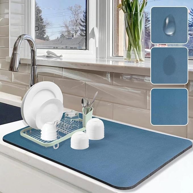 Dish Drying Mat for Kitchen Counter, 16"x24" Pad with Rubber Backed (Blue) | Hide Stain Anti Absorbent for Kitchen Counter, Non-slip Drying Mat for Coffee Machine Dish Rack by Etomiel