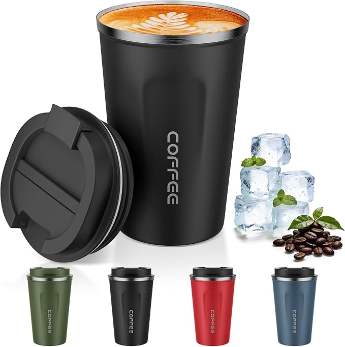 MOMSIV 12oz Travel Mug, Insulated Coffee Cup with Leakproof Lid, Vacuum Stainless Steel Double Walled Reusable Tumbler for Hot and Cold Water Coffee and Tea In Travel and Car Black | 6-Hour Heat Retention, 360°Leak proof, Vacuum Stainless Steel Double ... by MOMSIV