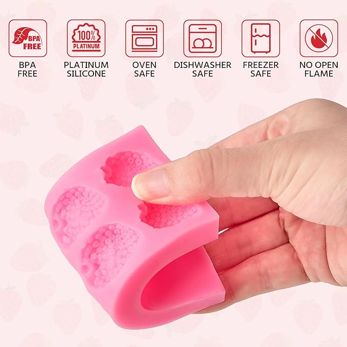 4 Pcs Strawberry Fondant Molds, Strawberry Chocolate Molds, 3D Flower Fruit Silicone Baking Molds for Cake Decoration, Cupcake Topper, Candle, Clay, Wax Making